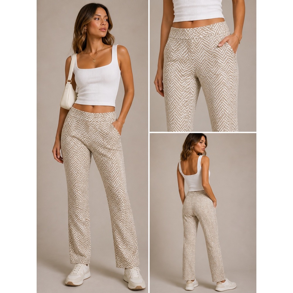 Chicos Travelers Tan White Zebra Chevron Pull On Slim Leg Pants Size 1R 8 Medium